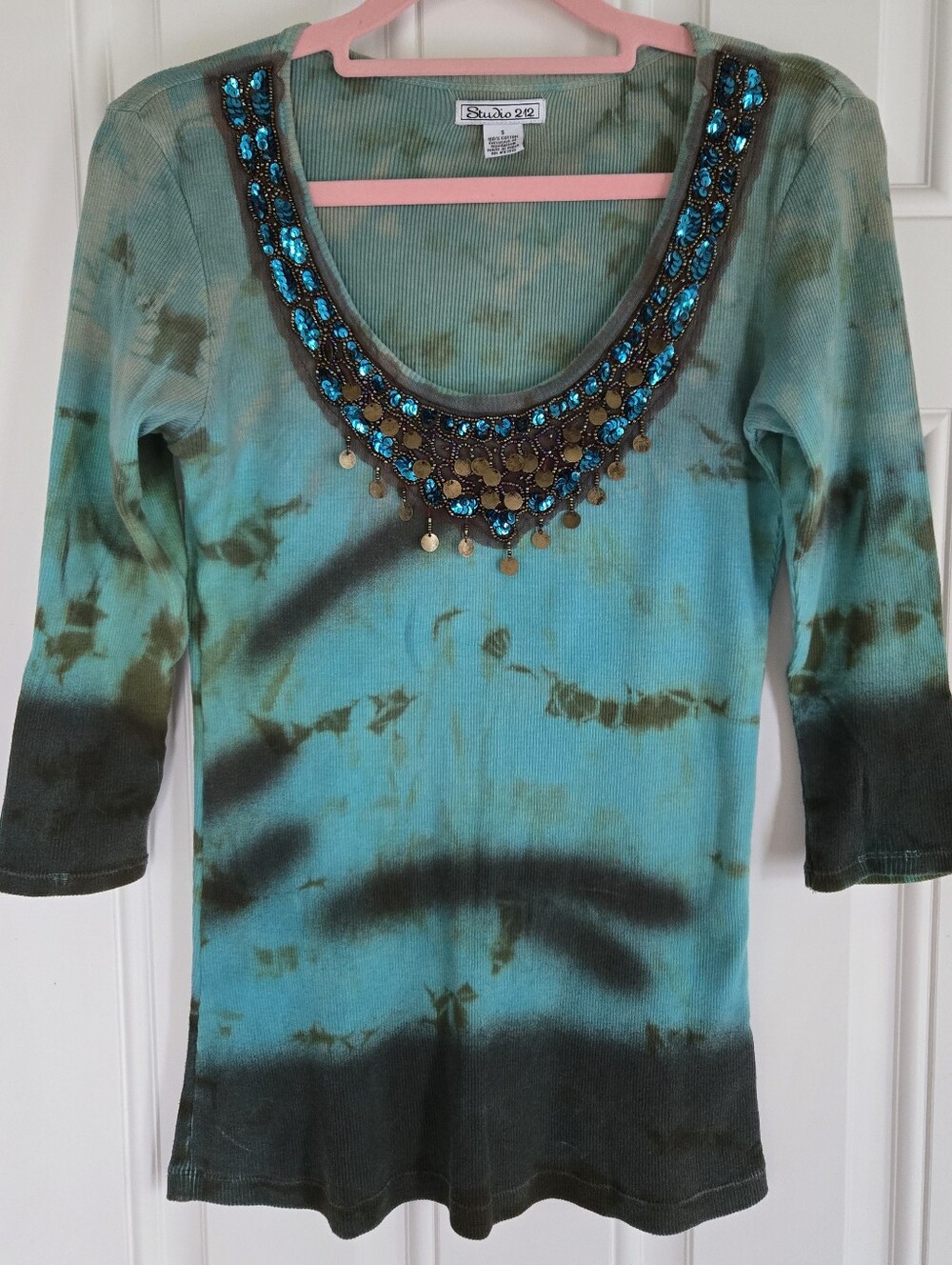 💖 Studio 212 Gypsy Teal Gold Beaded Tie-Dye Stretchy Ribbed Knit Top Small 💖